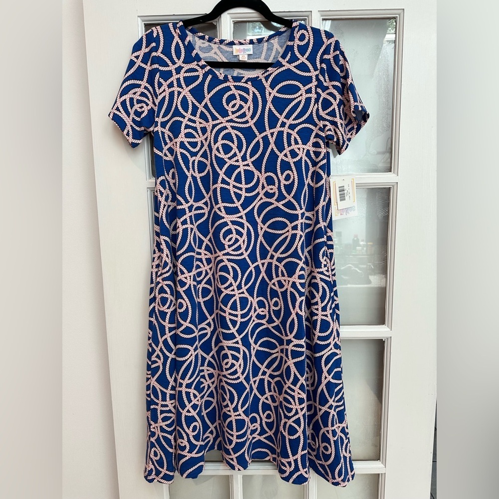 LuLaRoe Jessie Blue Red White Swing Midi Dress Nautical Coastal Size XS NWT